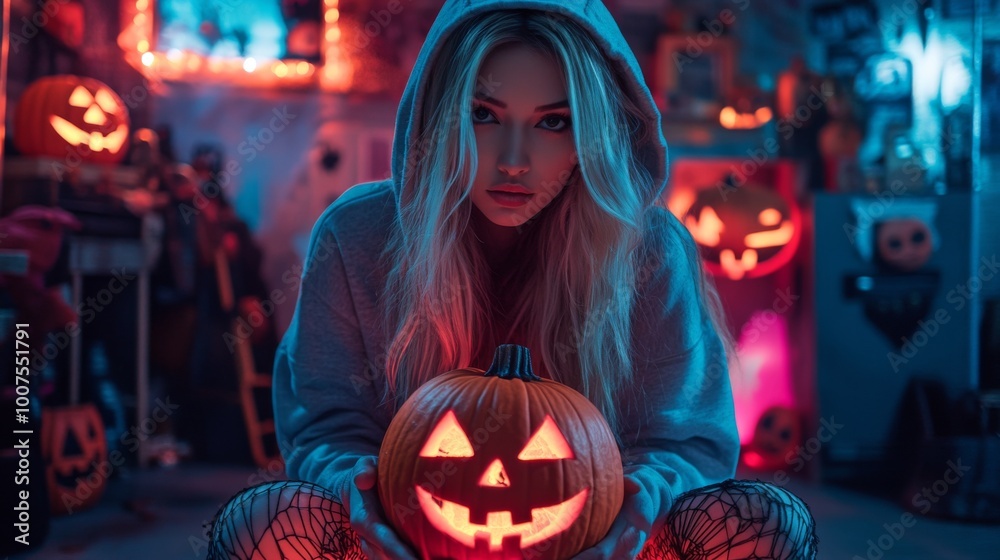 Mysterious Girl Holding Glowing Jack-o'-Lantern in Dark, Spooky Halloween Scene Mysterious Girl Holding Glowing Jack-o'-Lantern in Dark, Spooky Halloween Scene
