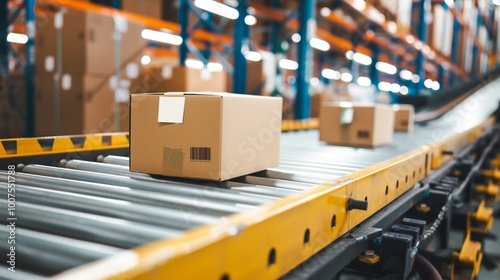 An organized and efficient warehouse interior with neatly stacked cardboard boxes on metal shelving systems alongside a conveyor belt system for processing and transporting goods