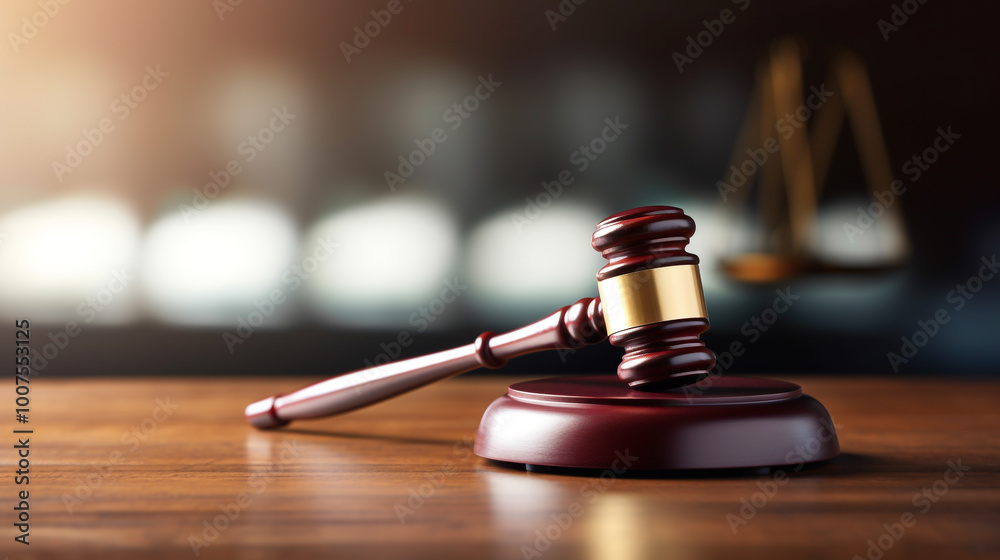 Gavel on a wooden desk in a courtroom setting symbolizing the power and authority of the legal system judicial decision making and the of justice Gavel on a wooden desk in a courtroom setting symbolizing the power and authority of the legal system judicial decision making and the of justice