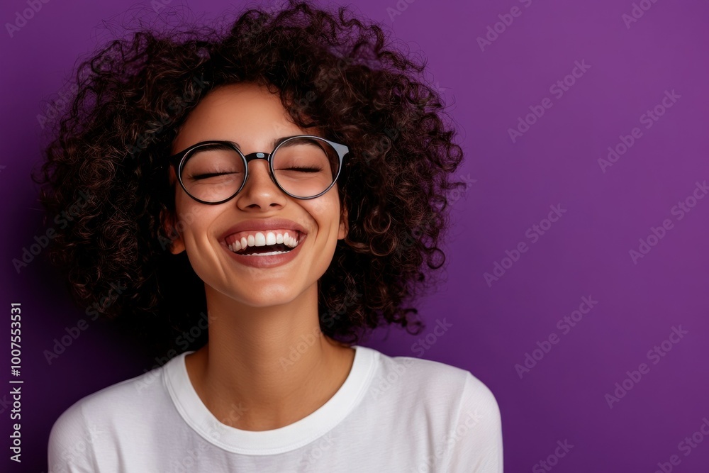 Cheerful Woman with Curly Hair and Glasses Smiling Cheerful Woman with Curly Hair and Glasses Smiling