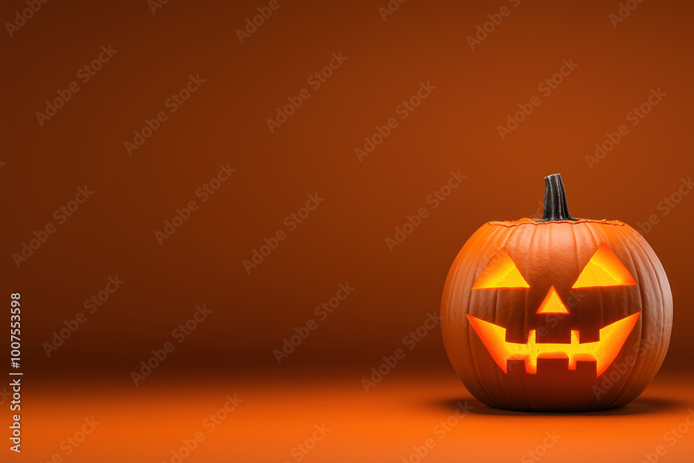 glowing pumpkin with cheerful face stands out against orange background, evoking festive joy. glowing pumpkin with cheerful face stands out against orange background, evoking festive joy.