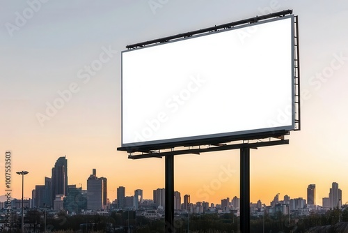 Empty billboard with city skyline during sunset, clear sky in the background.