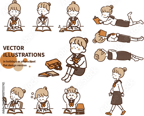 勉強する学生、怠ける学生のポーズ・イラストセット（女の子）