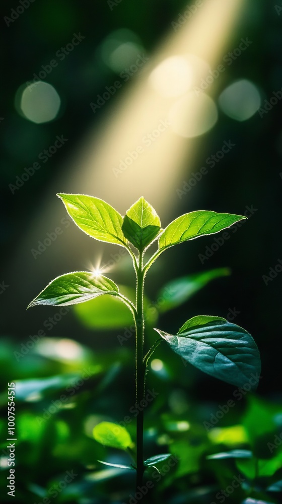 A single sprout reaches for the light in a forest setting.