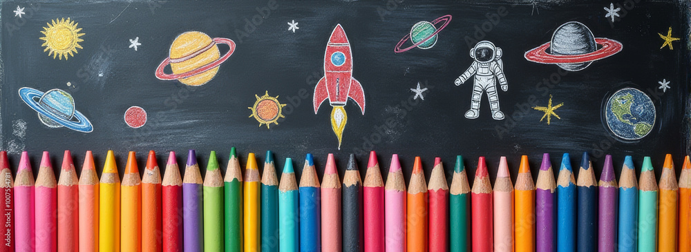 Back to school banner with colorful pencils row with outer space themed colored chalk drawing of planets, stars, rocket, astronaut and univrerse on black or dark grey chalkboard background. Back to school banner with colorful pencils row with outer space themed colored chalk drawing of planets, stars, rocket, astronaut and univrerse on black or dark grey chalkboard background.