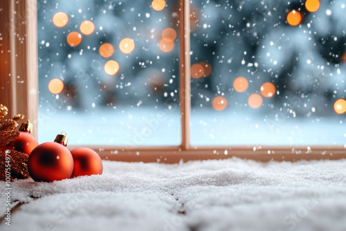 cozy winter scene with snowflakes falling outside window, adorned with festive ornaments.