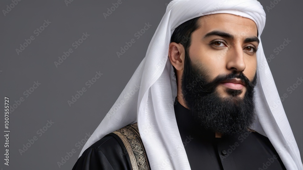 Portrait of a man in traditional attire with a beard and headdress against a neutral background. Portrait of a man in traditional attire with a beard and headdress against a neutral background.