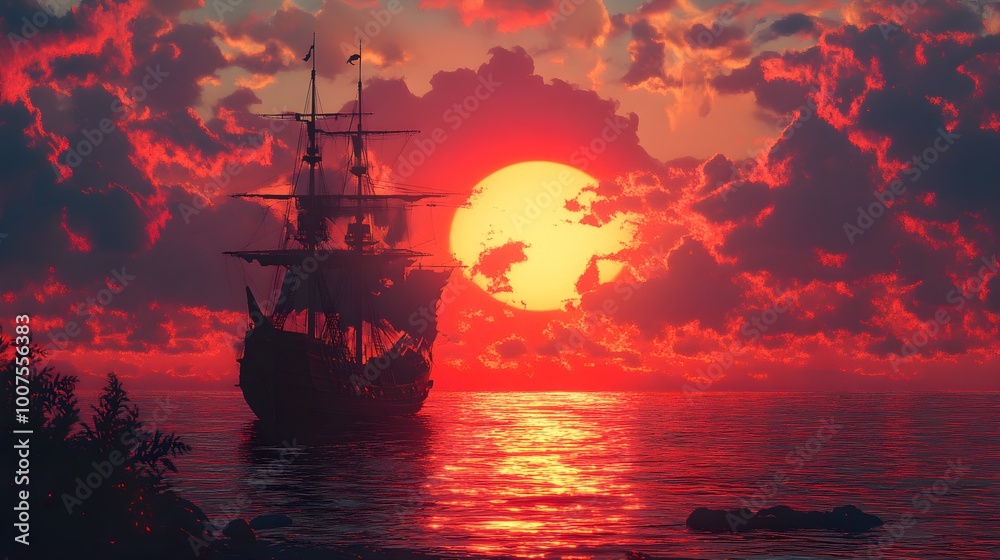 Obraz premium Golden Sunset with Majestic Ship Sailing Over Peaceful Ocean Surface picture