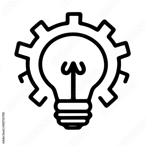 A simple vector icon of a lightbulb within a gear, representing innovation, creativity, and engineering solutions. Ideal for tech, startup, or industrial design.