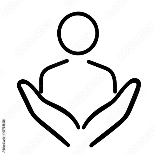 Line art icon of hands holding a person, symbolizing care, support, and protection. Ideal for healthcare, wellness, or human services branding.