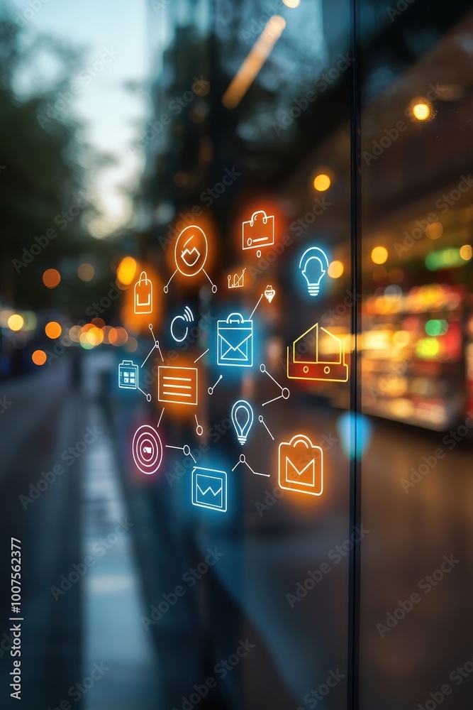 Fototapeta premium Colorful digital marketing icons illuminate a glass surface at night, creating a vibrant visual that represents modern technology and connectivity in urban life.