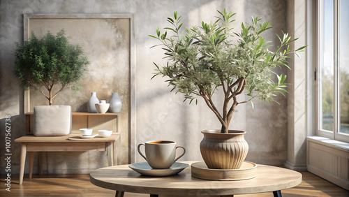 Textured vase with olive tree branches, cup of coffee