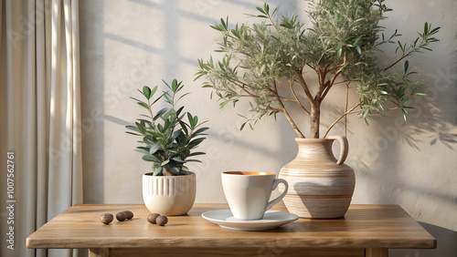 Wallpaper Mural Textured vase with olive tree branches, cup of coffee Torontodigital.ca