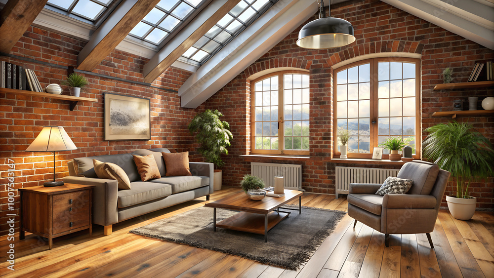 traditional loft room interior with brick wall, classic wall paneling, and windows traditional loft room interior with brick wall, classic wall paneling, and windows