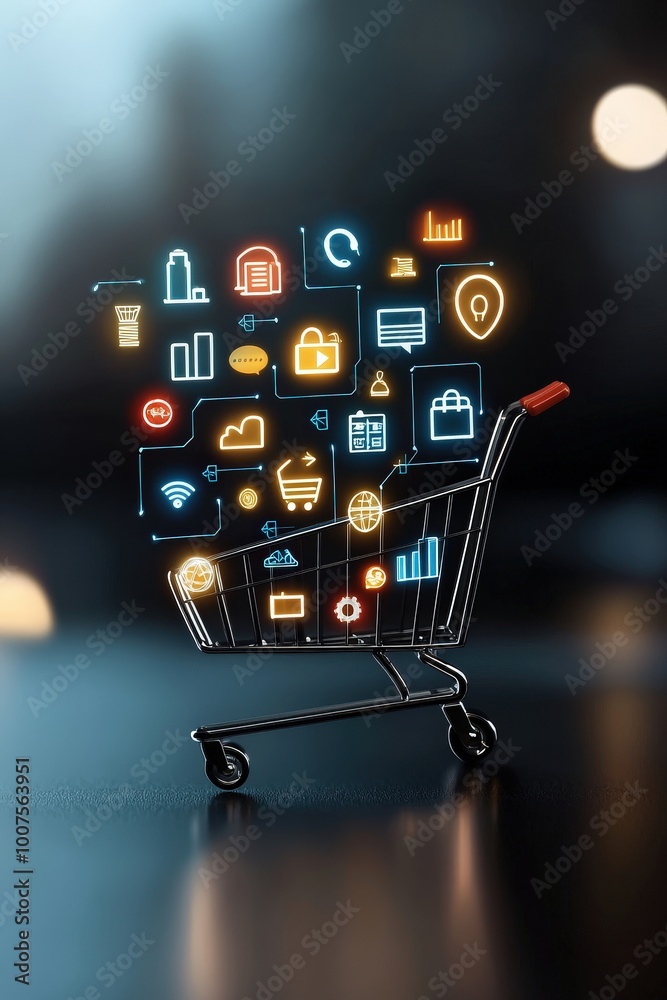 A vibrant shopping cart filled with digital icons representing online shopping, technology, and consumer interactions, showcasing modern retail trends. A vibrant shopping cart filled with digital icons representing online shopping, technology, and consumer interactions, showcasing modern retail trends.