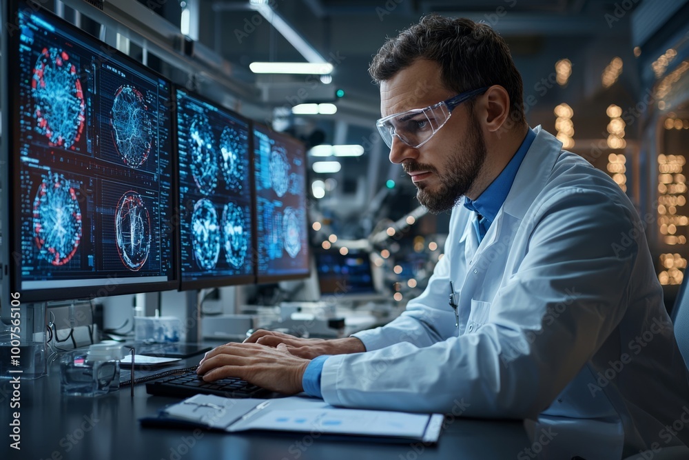 A scientist analyzing data on a computer, deep in thought, surrounded by scientific papers and complex charts in a modern laboratory A scientist analyzing data on a computer, deep in thought, surrounded by scientific papers and complex charts in a modern laboratory