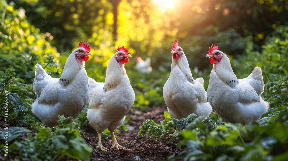 Group of white chickens walking on a farm path in sunlight Group of white chickens walking on a farm path in sunlight