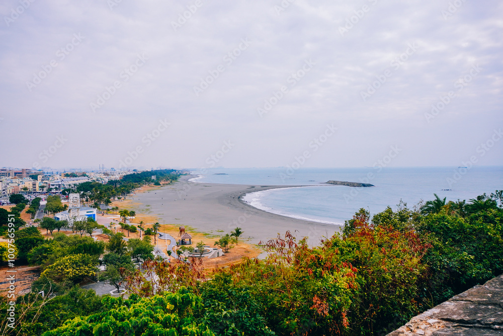 Fototapeta premium Kaohsiung, Taiwan, Republic of China, 01 25 2024: The landscape of Cijin island, lighthouse and cihou fort