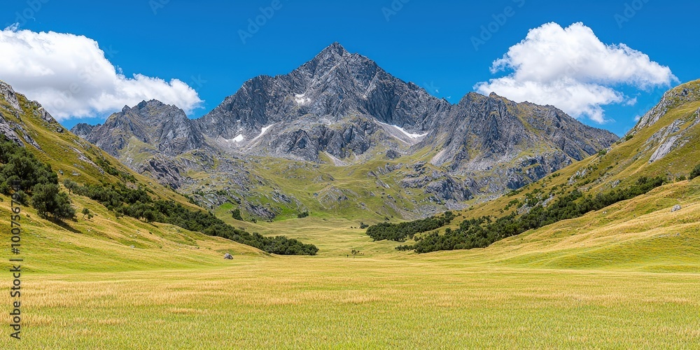 Obraz premium Majestic Mountain Valley Landscape with Lush Meadow and Dramatic Peaks