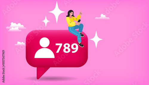 Influencer celebrate large number of followers on social media. Blogging concept.