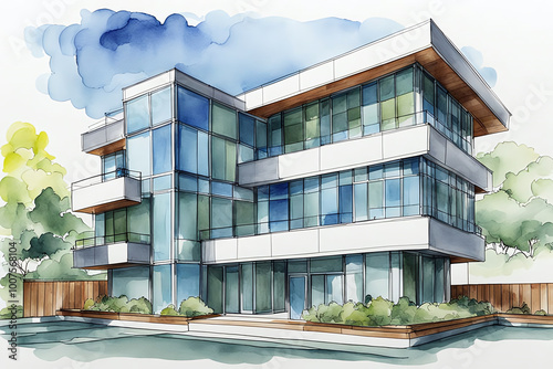 Modern Architecture with Greenery, Watercolor Style sketch a sustainable office ,apartment ,minimalist modular house .building project hand drawing modern architecture and landscaping
