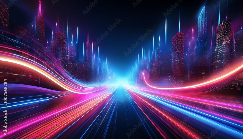 A futuristic landscape featuring vibrant light trails amidst a dark cityscape, conveying a sense of motion and energy. A futuristic landscape featuring vibrant light trails amidst a dark cityscape, conveying a sense of motion and energy.