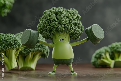 Humorous broccoli character lifting dumbbells in a workout, merging fitness and healthy eating photo