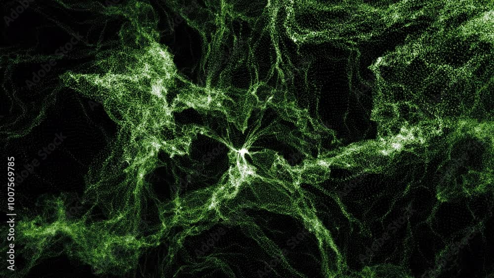 The appearance of green particles in the form of a spider web on black The appearance of green particles in the form of a spider web on black