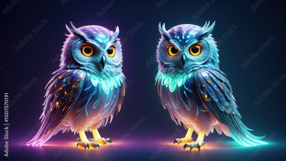 Fototapeta premium Two colorful, glowing owls with vibrant feathers against a dark background.