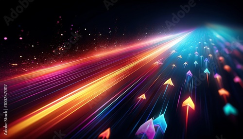 A vibrant digital artwork depicting colorful arrows speeding through a dark backdrop, symbolizing movement and progress.