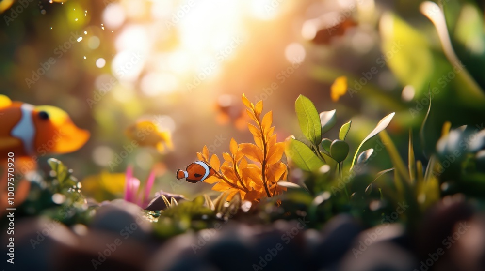 A bright and colorful underwater scene with clownfish and various other fish swimming among vibrant aquatic plants, capturing a serene and lively ecosystem. A bright and colorful underwater scene with clownfish and various other fish swimming among vibrant aquatic plants, capturing a serene and lively ecosystem.