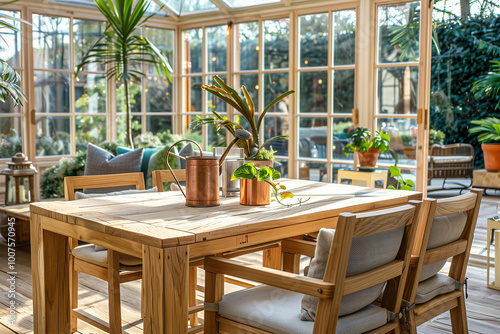  Stylish composition of oak wooden table, copper watering can, and modern floor in beautiful orangery with lush greenery and natural decor