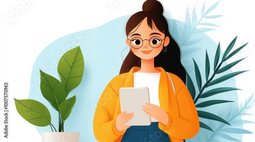 A digital art piece showing a girl with glasses using a tablet in a vibrant space surrounded by plants, embodying modern technology and youthful inspiration.