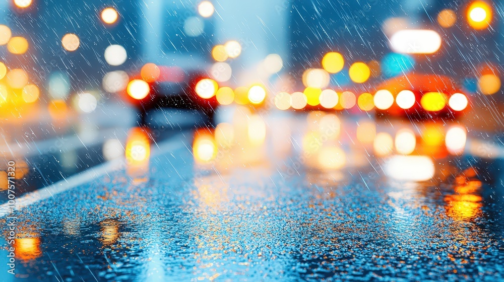 Fototapeta premium Wet Asphalt Road with Blurred City Lights and Rain Drops at Night