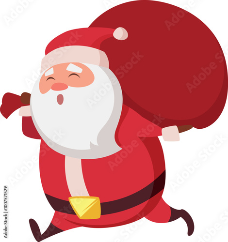 Santa run with gift sack. Cartoon christmas mascot