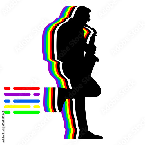 Silhouette of Saxophone Player with Rainbow Glitch Effect. A striking silhouette of a saxophone player, enhanced with a vibrant rainbow glitch effect. 