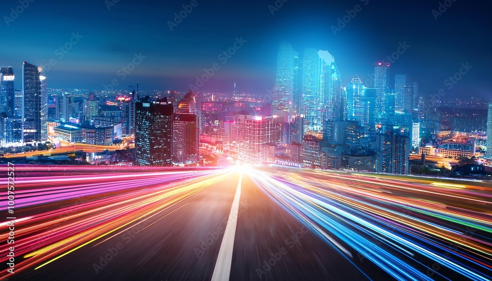 A vibrant cityscape at night with motion blur lights, showcasing streaks of color along a road leading into a dynamic urban environment. A vibrant cityscape at night with motion blur lights, showcasing streaks of color along a road leading into a dynamic urban environment.