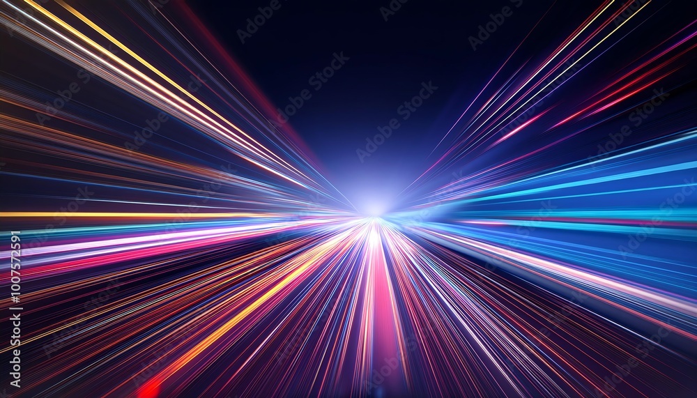 A dynamic burst of colorful light streaks radiating outward, creating a vivid sense of movement and energy against a dark background.