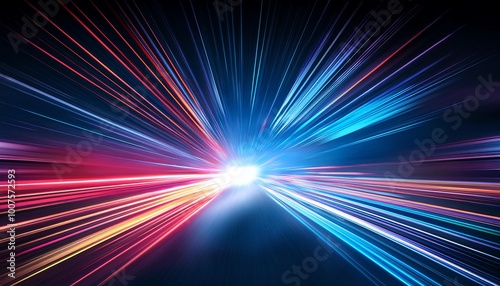 A vibrant explosion of colored light beams radiates outward, creating a dynamic sense of motion and energy.