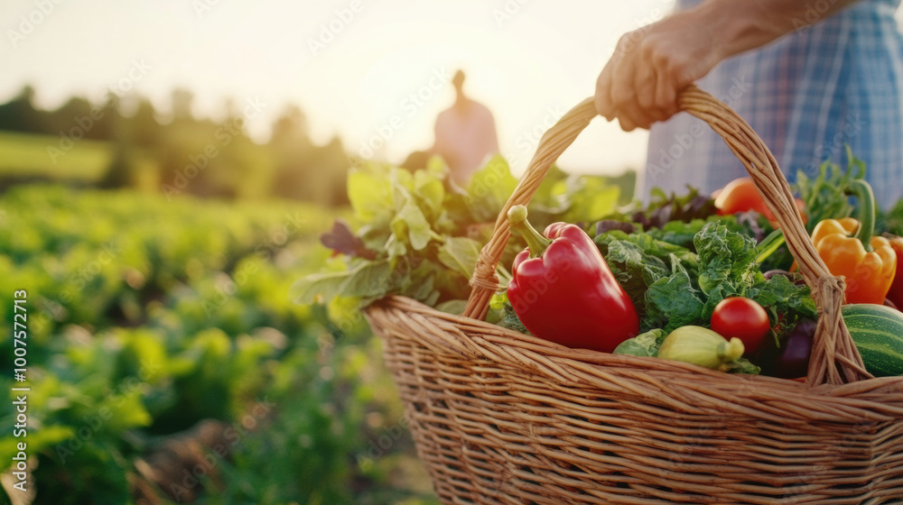 Fototapeta premium Fresh produce basket held by farmer in vibrant field, showcasing colorful vegetables like peppers, greens, and squash. warm sunlight enhances scenes beauty and tranquility