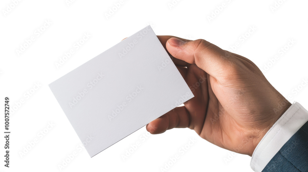 Hand holding a business card with example text design on white background Hand holding a business card with example text design on white background
