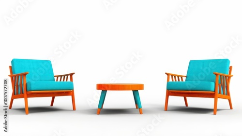 Two turquoise chairs and a round orange table in a minimalist setting.