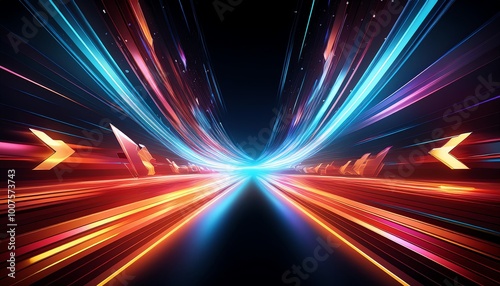 A vibrant, futuristic scene displaying dynamic light trails in blue and orange, suggesting speed and movement against a dark background.