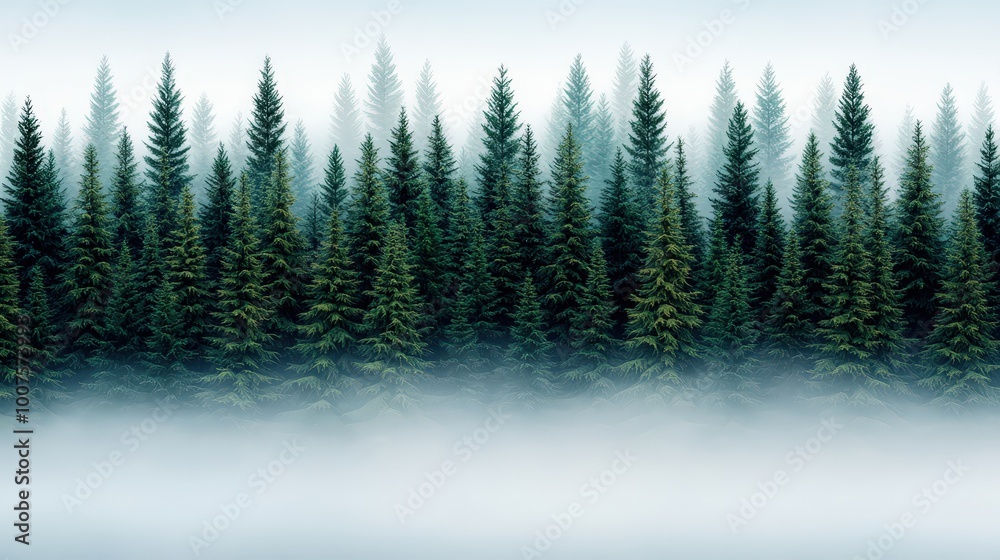 Misty Evergreen Forest Landscape with Fog and Pine Trees Misty Evergreen Forest Landscape with Fog and Pine Trees