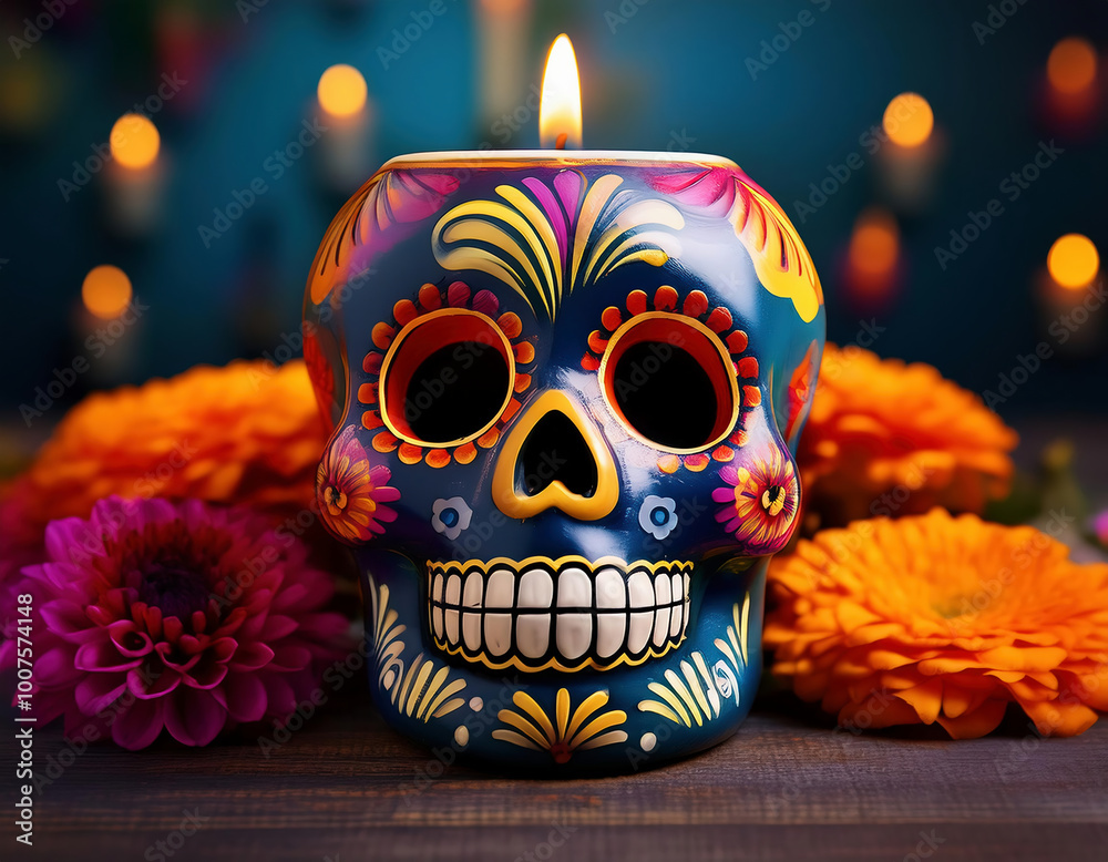 Day of the Dead background with a burning candle on a patterned ceramic skull vase and colorful flowers. Day of the Dead background with a burning candle on a patterned ceramic skull vase and colorful flowers.