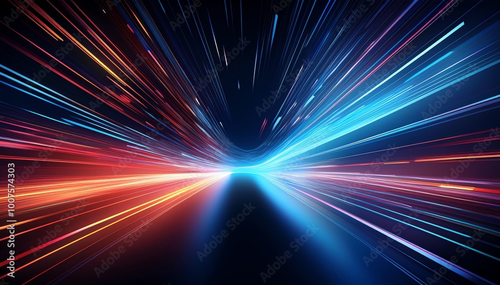 A vibrant display of light trails in blue and orange, suggesting motion and speed against a dark background, evoking a sense of dynamic energy and futuristic ambiance.