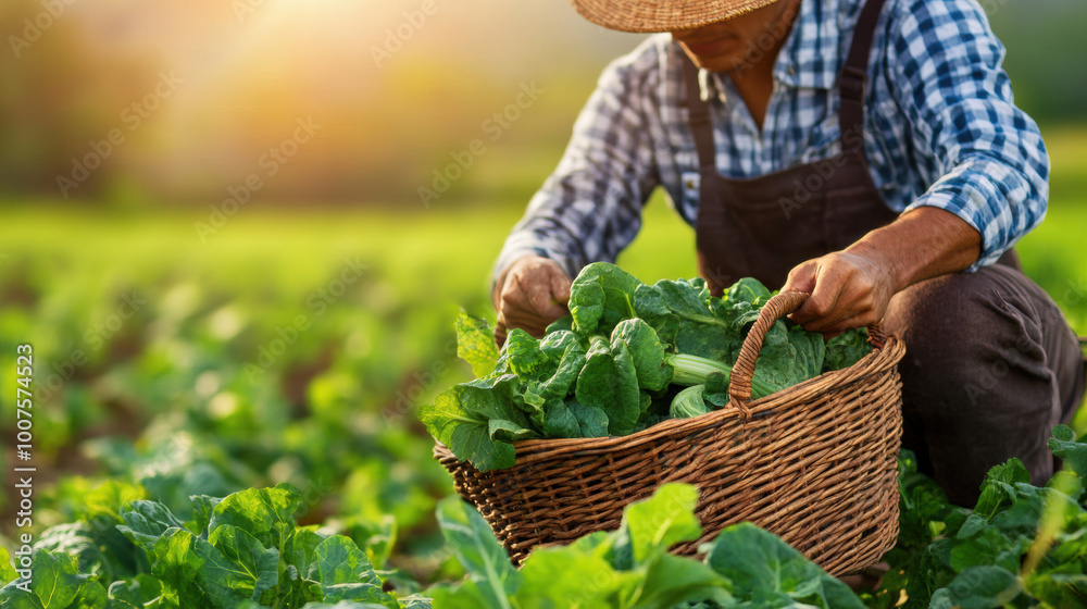 Fototapeta premium Harvesting fresh vegetables in lush green field, farmer carefully gathers leafy greens into woven basket, showcasing beauty of agricultural work and natures bounty