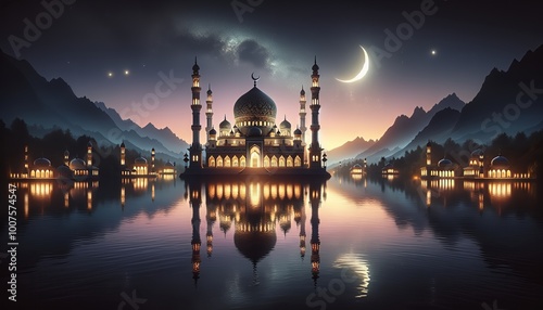 Serene mosque by a mountain lake under a starry sky.