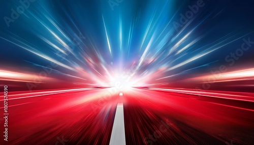 A vibrant burst of light with red and blue rays, suggesting speed and motion, reminiscent of a dynamic journey or sci-fi atmosphere. photo