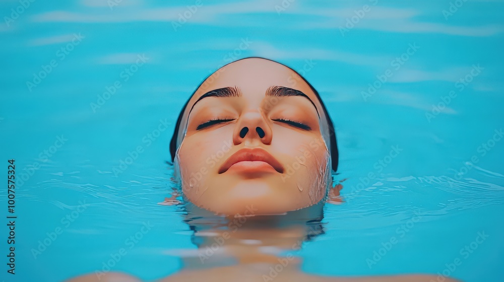 Woman Relaxing in Pool with Closed Eyes and Calm Expression Woman Relaxing in Pool with Closed Eyes and Calm Expression